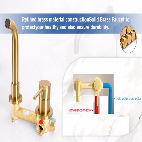 Wall Mount Faucet for Bathroom Sink or Bathtub, Single Handle 2 Holes Brass Rough-in Valve Included, Brushed Gold[Unable to ship on weekends, please place orders with caution]