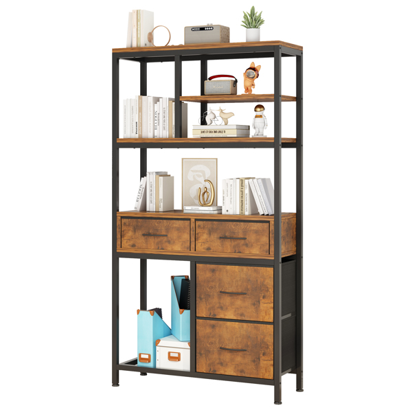6 layers with 4 drawers bookshelf particle board iron frame non-woven fabric 90*30*174cm black iron parts black wood grain storage box retro brown plate