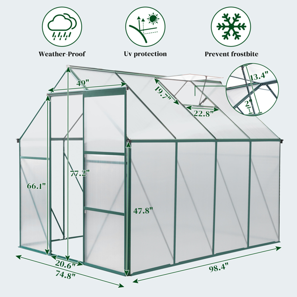 6x8 Hybrid Polycarbonate Greenhouse Green