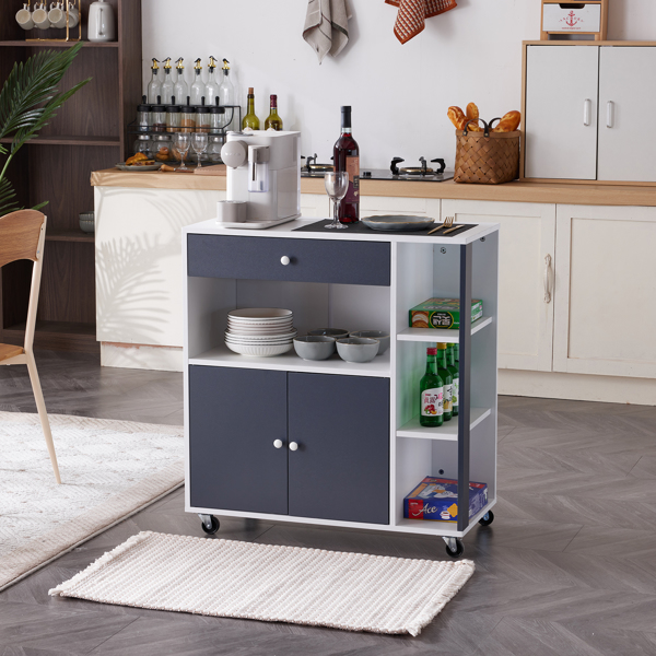 Kitchen Island Cart with 5 Shelves 1 Drawer, Rolling Kitchen Storage, Mobile Island on Wheels, White & Grey