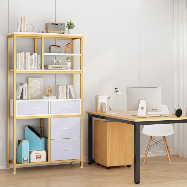 6 layers with 4 drawers bookshelf particleboard iron frame non-woven fabric 90*30*174cm gold frame white plate