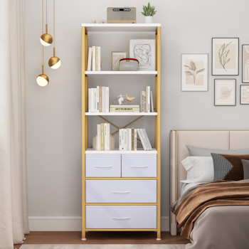 6 Layers with 3 Drawers Bookshelf, Particle Board Iron Frame Non-woven Fabric 60*35*174cm Gold Frame, White