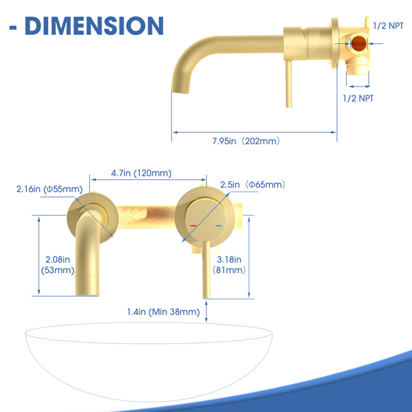 Wall Mount Faucet for Bathroom Sink or Bathtub, Single Handle 2 Holes Brass Rough-in Valve Included, Brushed Gold[Unable to ship on weekends, please place orders with caution]