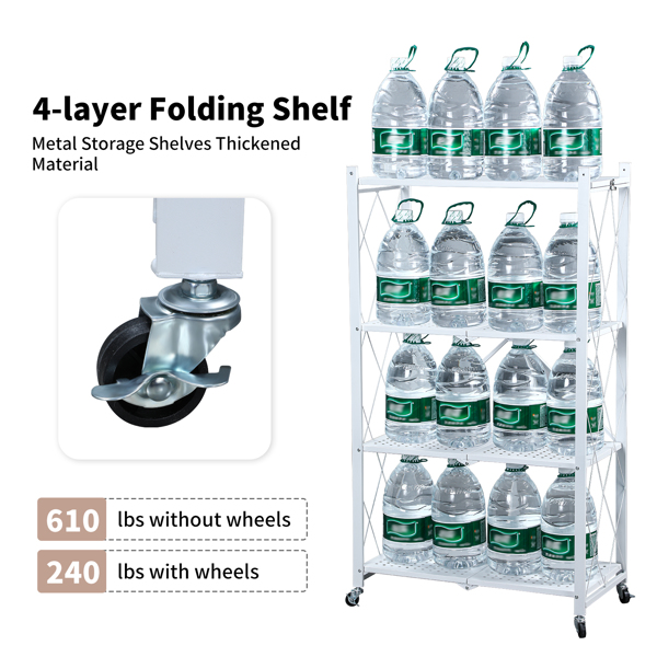 Joybos® 4 Tier White Heavy Duty Foldable Metal Organizer Shelves with Wheels