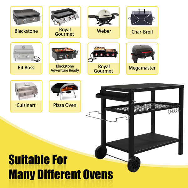 Outdoor Grill Cart Three-Shelf Grill Table, Movable BBQ Trolley Food Prep Cart with Two Wheels & Hooks, Black