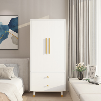 Density board pasted with triamine, white, golden copper feet, 2 doors, 2 drawers, with clothes rail, wooden wardrobe