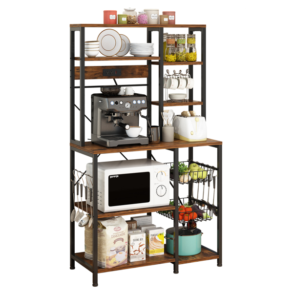 6 layers with strips and 10 S hooks, microwave oven rack, particle board with melamine paste, 96.8*40*170cm, retro brown plate, black