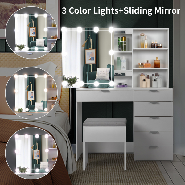 FCH Particleboard Triamine Veneer 6 Pumps 2 Shelves Mirror Cabinet 3 Tone Light Bulbs Dressing Table Set White