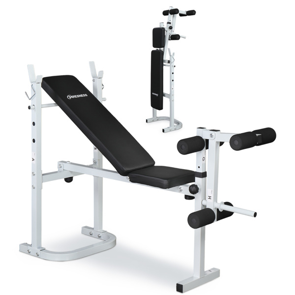 Weight Bench with Adjustable Workout Bench and Barbell Rack and Leg Developer, Foldable Weight Bench for Home Gym, Youth Strength Training Benches(White/Black) 