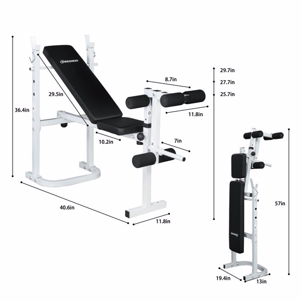 Weight Bench with Adjustable Workout Bench and Barbell Rack and Leg Developer, Foldable Weight Bench for Home Gym, Youth Strength Training Benches(White/Black) 