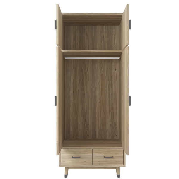 Density board pasted with triamine 9398-1 oak color black copper feet 4 doors 2 drawers with clothes rail wooden wardrobe