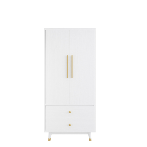 Density board pasted with triamine, white, golden copper feet, 2 doors, 2 drawers, with clothes rail, wooden wardrobe