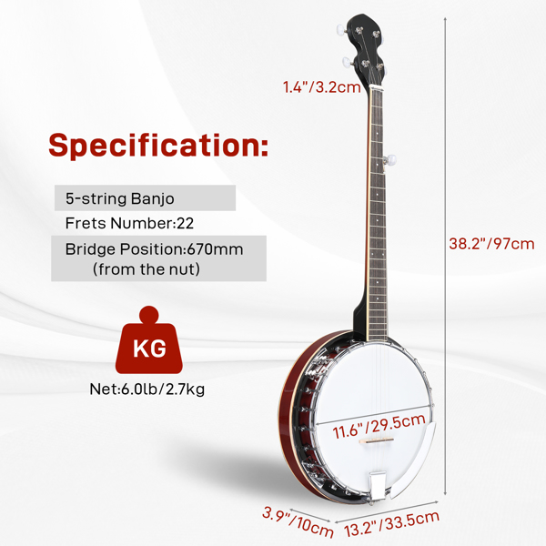 Full Size 5 String Left Handed Banjos Set with Closed Solid Sapele Back & Premium Mahogany Neck and Premium Accessories