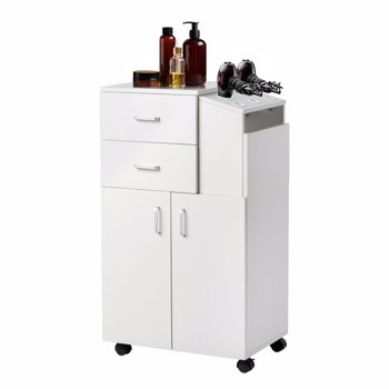 Salon Trolley Cart with Wheels, Salon Station Rolling Cart with 5 Hair Dryer Holders, 2 Drawers, 1 Large Cabinet (White) 