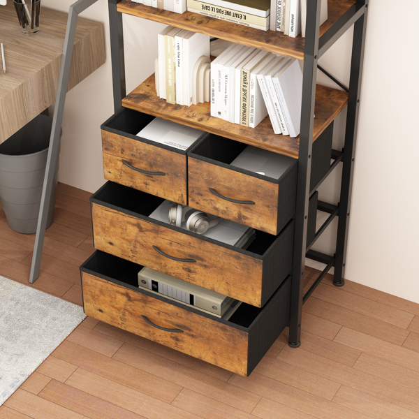 6 layers with 3 drawers bookshelf, particle board iron frame non-woven fabric, 60*35*174cm black iron parts black wood grain storage box retro, brown