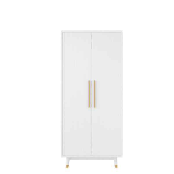 Density board pasted with triamine, white, golden copper feet, 2 doors, with hanging single rod, wooden wardrobe