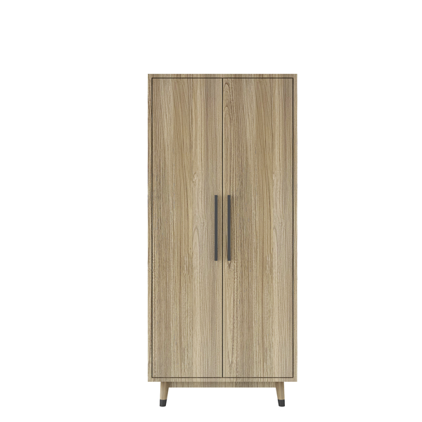 Density board pasted with triamine 9398-1 oak color black copper feet 2 doors with hanging single rod wooden wardrobe
