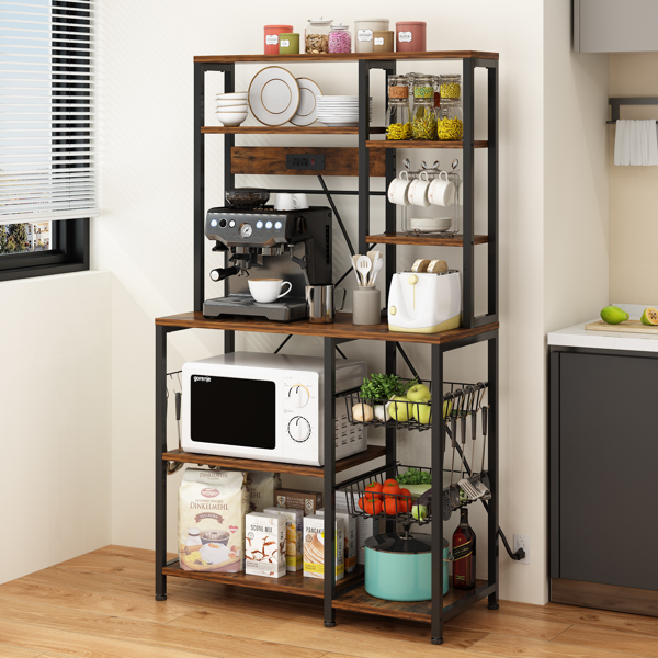 6 layers with strips and 10 S hooks, microwave oven rack, particle board with melamine paste, 96.8*40*170cm, retro brown plate, black