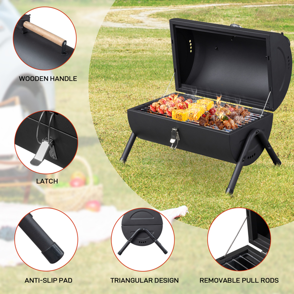 Portable Charcoal Grill with Thermometer & Wooden Handle, Compact Tabletop Barbecue Grill for Outdoor Camping BBQ Grilling Backyard Party Cooking