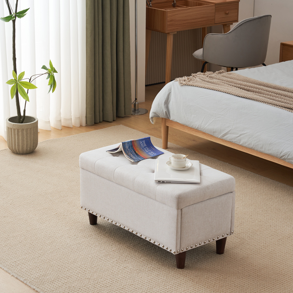 31.5 Inches 80*41*42cm Linen With Storage Copper Nails Bedside Stool Footstool Off-White