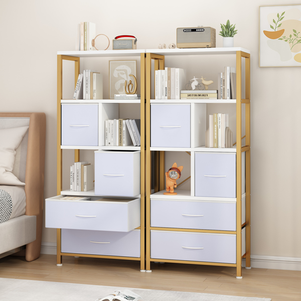 5 layers with 4 drawers bookshelf particle board iron frame non-woven fabric 60*30*147cm gold frame white plate