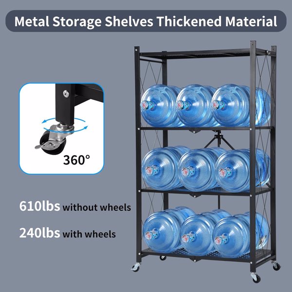 Joybos® 4 Tier Black Heavy Duty Foldable Metal Organizer Shelves with Wheels