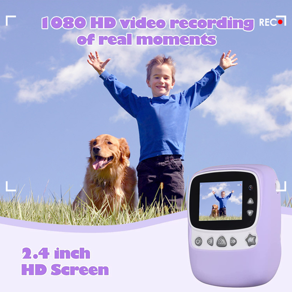 1080P Kids Camera Instant Camera Kids App Selfie Digital Camera Connected via WiFi 2.4 inch with 32GB TFCarte 6 Color Brushes 1 Sticker 2 Rolls of Printer Paper (Purple)