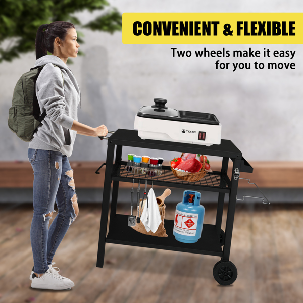 Stainless Steel Flattop Grill Cart, Movable BBQ Trolley Food Prep Cart, Multifunctional Worktable Island with Two Wheels, Hooks