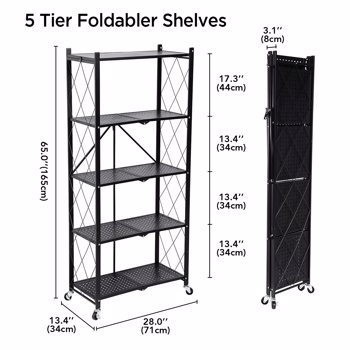 Joybos® 5 Tier Black Heavy Duty Foldable Metal Organizer Shelves with Wheels