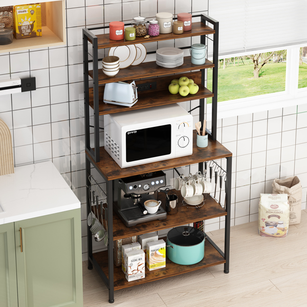 6 layers with strips and 10 S hooks, microwave oven rack, particle board with melamine paste, 80*40*170cm, retro brown plate, black