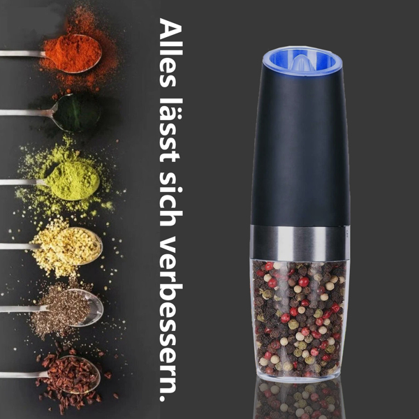 Gravity Electric Salt and Pepper Mill Set, Stainless Steel Automatic Pepper and Salt Miller, LED Blue Light, Battery Operated