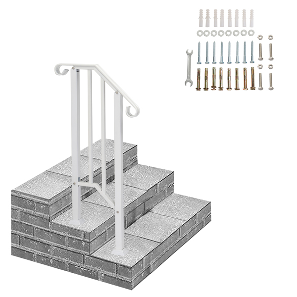 Handrails for Outdoor Steps, Iron Handrail Fits 1 Step, Transitional Handrail with Installation Kit, White