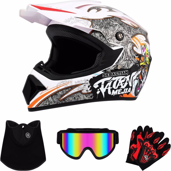 Adult Motorcycle ATV DOT Helmets With Gloves + Goggles Motocross Off Road Helmet For Dirt Bike Full Face Helmet White Color XL