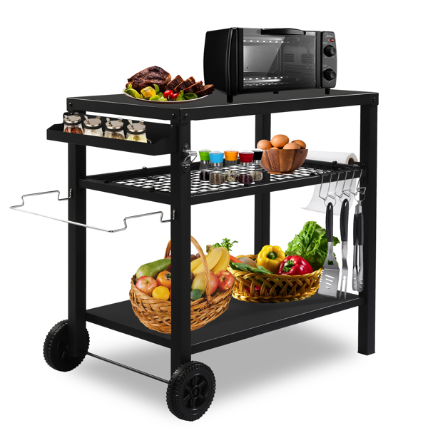 Outdoor Grill Cart Three-Shelf Grill Table, Movable BBQ Trolley Food Prep Cart with Two Wheels & Hooks, Black
