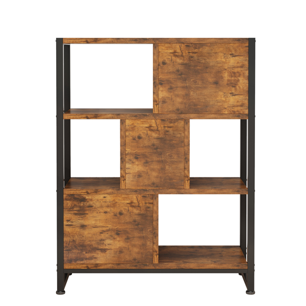 4-layer bookshelf with 3 high legs, particle board, iron frame, non-woven fabric, 80*30*103cm, black iron parts, black wood grain storage box, retro brown