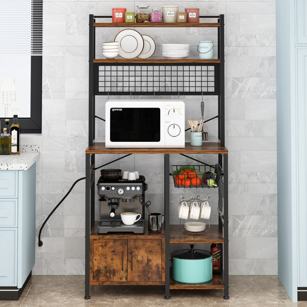 6-layer cabinet with double doors plus 10 S hooks, microwave oven rack, particleboard with triamine paste, 80*40*170cm, retro brown plate, black iron parts
