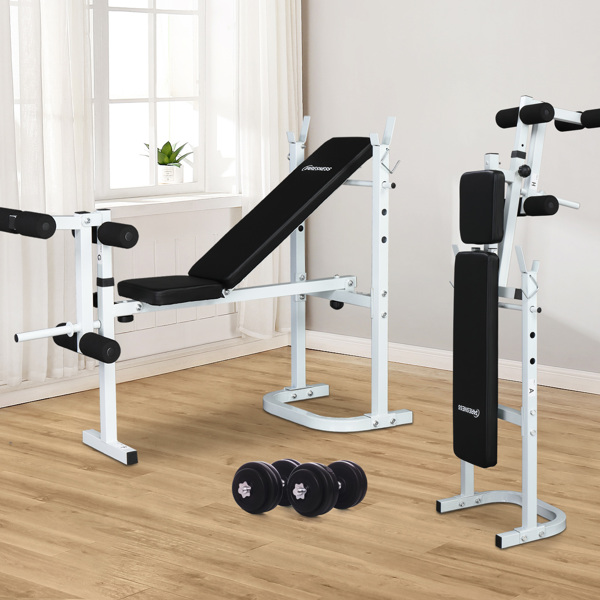 Weight Bench with Adjustable Workout Bench and Barbell Rack and Leg Developer, Foldable Weight Bench for Home Gym, Youth Strength Training Benches(White/Black) 