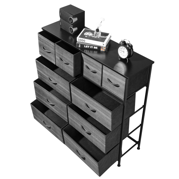 10 drawers, 6 large and 4 small, non-woven storage cabinets, cationic cloth surface + non-woven fabric drawers + particle board + iron frame 85*30*120cm, black wood grain drawer surface