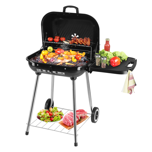 28" Portable Charcoal Grill with Wheels and Foldable Side Shelf, Large BBQ Smoker with Adjustable Vents on Lid for Outdoor Party Camping Picnic
