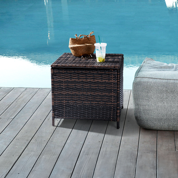 Outdoor PE Wicker Side Table with Storage, Patio Rattan End Table Square Container for Furniture Covers, Toys and Gardening Tools, Brown 
