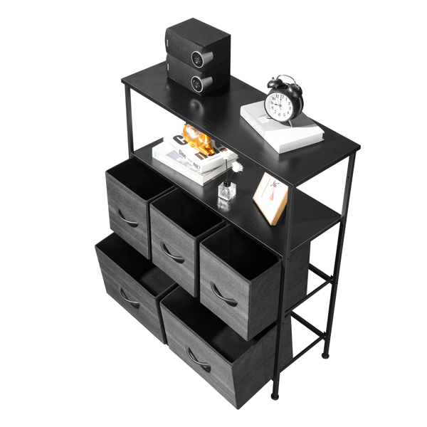 5 drawers, 2 large and 3 small, with top shelf, non-woven storage cabinet, cationic cloth surface + non-woven fabric drawer + particle board + iron frame 80*30*96.5cm, black wood grain drawer surface