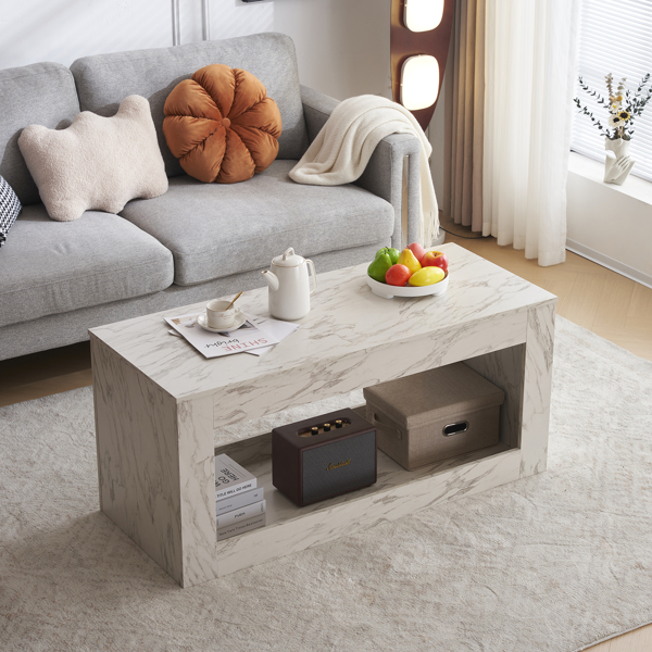 Modern Coffee Table with LED Light, Faux Marble High Glossy Coffee End Table with Open Storage for Living Room