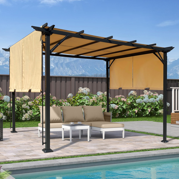 12 x 9.5 Ft Outdoor Pergola Patio Gazebo,Retractable Shade Canopy,Steel Frame Grape Gazebo,Sunshelter Pergola，Khaki [Sale to Temu is Banned.Weekend can not be shipped, order with caution]