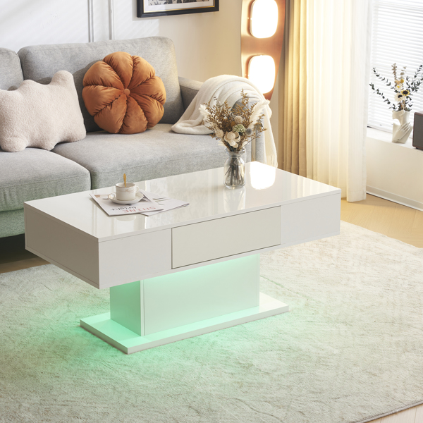 Modern LED Coffee Table with Drawer and 16 Colors LED Lights, High Glossy Coffee End Table for Living Room, White