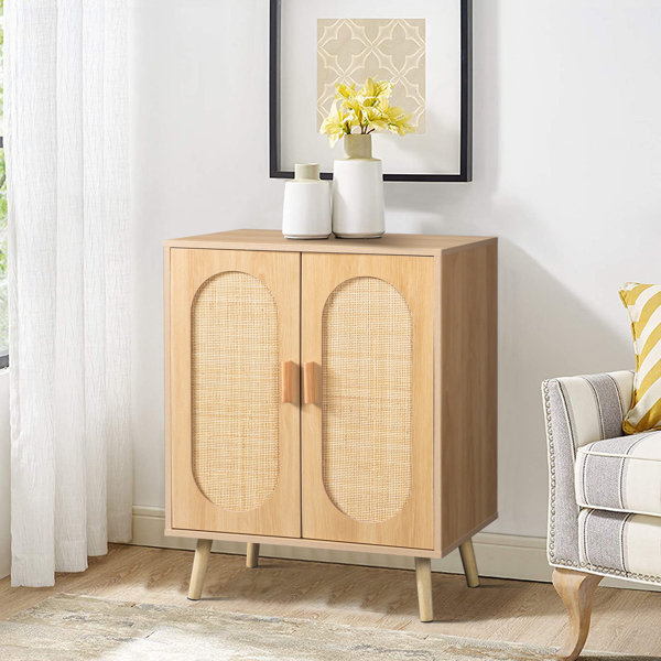 Modern Rattan Shoe Storage Cabinet with Double Doors and Adjustable Shelves, Accent Cabinet for Living Room, Bedroom, Hallway