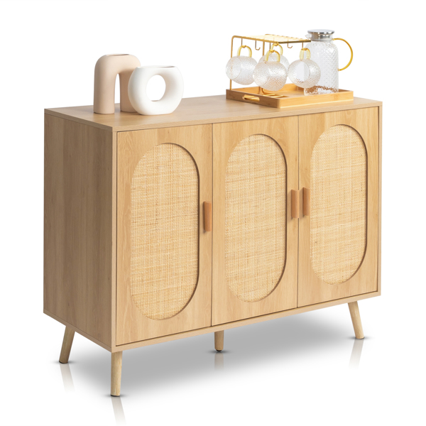 Modern Rattan Shoe Storage Cabinet with 3 Doors and Adjustable Shelves, Accent Cabinet for Living Room, Bedroom, Hallway
