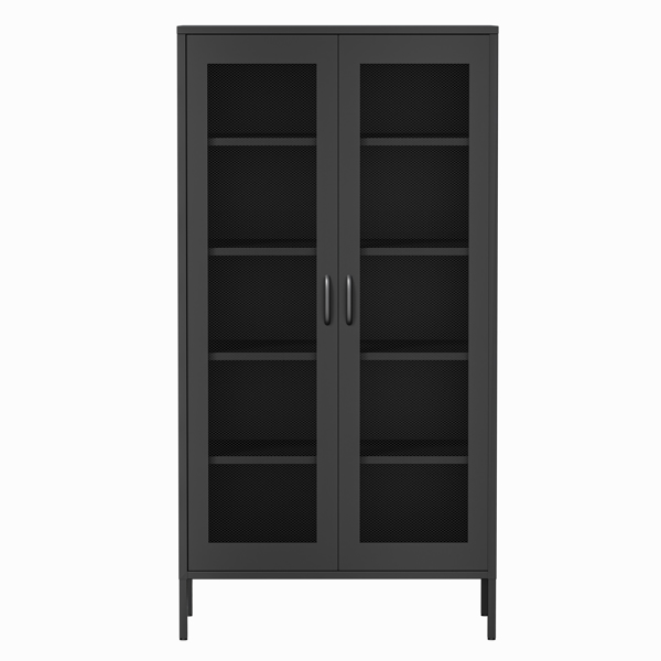 Metal locker with screen door, wine cabinet with adjustable shelf, suitable for kitchen, living room, home office, black