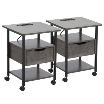 Set of 2 Side Table with Charging Station and Wheels, Rolling End Table with 2 USB Ports and 2 Outlets and Power Switch, Nightstand with Storage Shelves and Drawer for Small Space, Grey