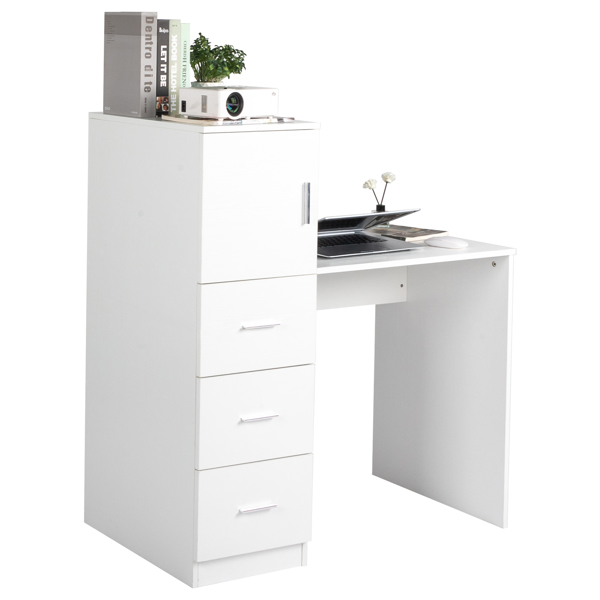 White embossed particle board with melamine H-type 104.5*49*120cm, one door and three drawers, computer desk, 2 USBs, 2 power sockets