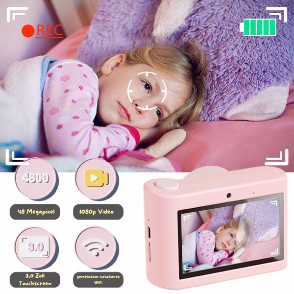 48MP 1080P Kids Camera, WiFi Digital Camera Kids with 3 Inch Touchable Screen e 32GB TF Card, Dual Camera, Pink Piglet